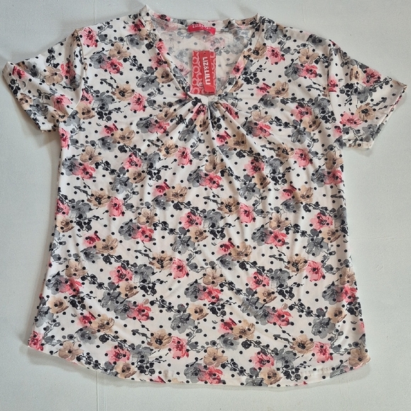 Short Sleeve Floral Blouse V neck With Ruching - Picture 1 of 5